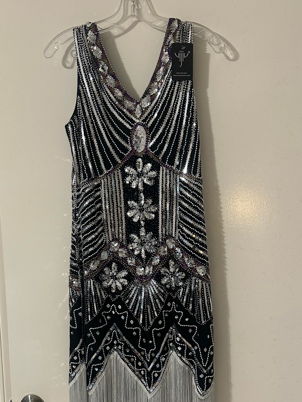 Beaded Flapper Fringe Dress - Black with Silver & Purple Accents